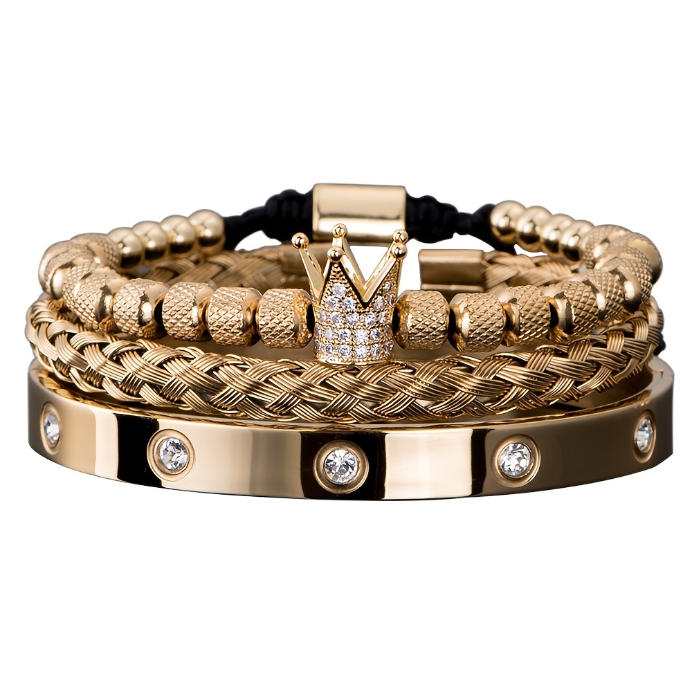 Men's Micro Pave CZ Round Beads Crown Bangle Bracelet