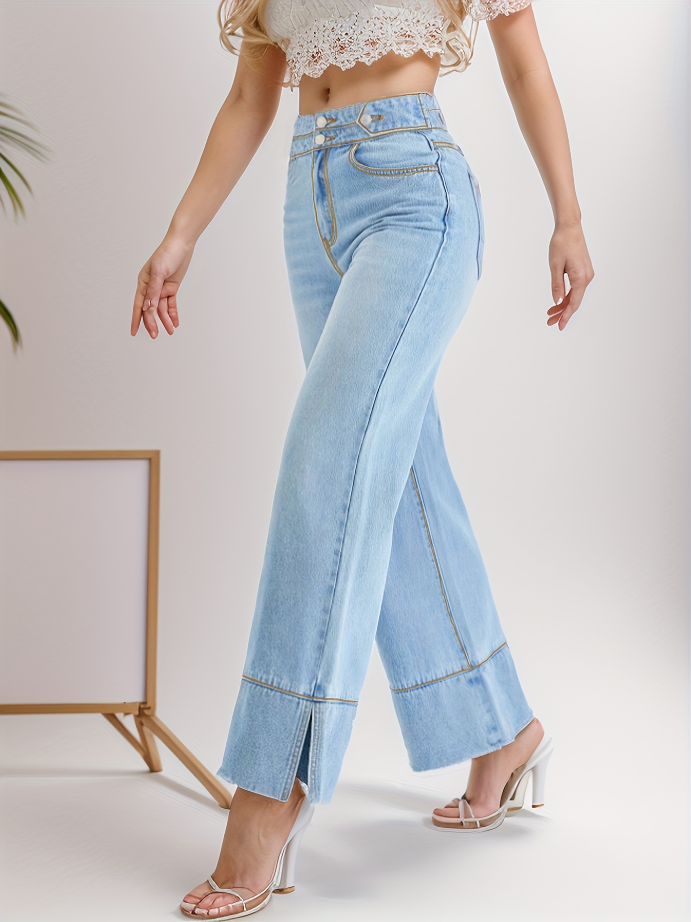 Women s High Waist Baggy Jeans Double Button High Stretch Wide Leg 