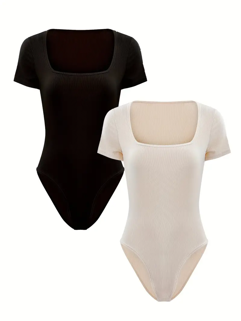 Solid Square Neck Bodysuit Casual Short Sleeve Slim Bodysuit - Temu