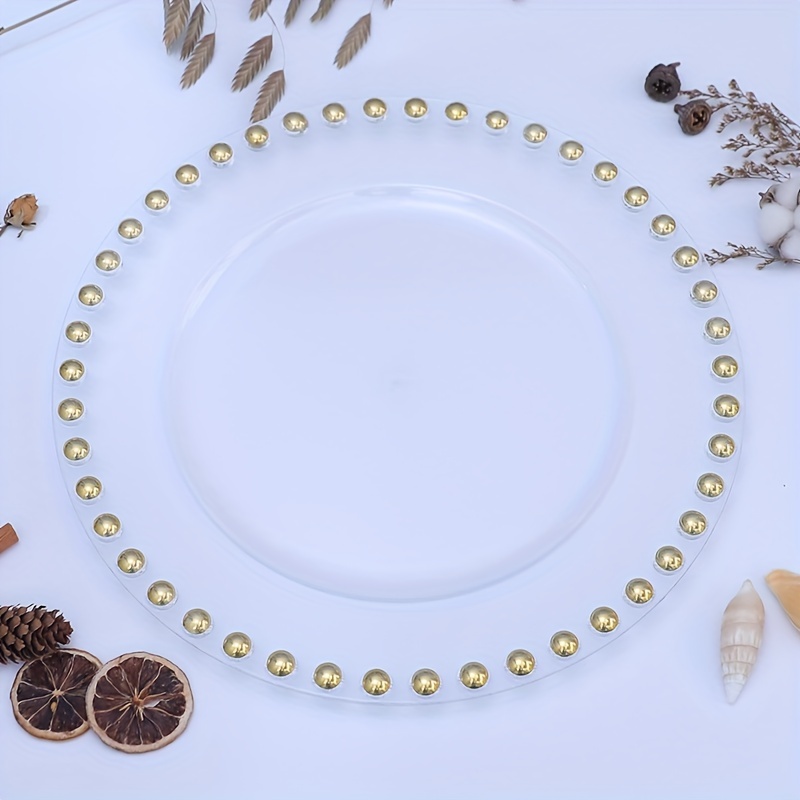 Decorative Gold Rim Charger Plate Large Pearl Beads Clear Glass Wedding