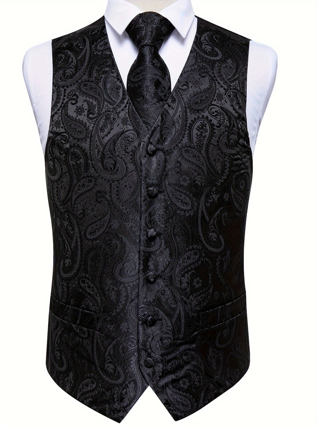 black paisley fashion vest for man wedding business luxury mens waistcoat necktie pocket square cufflinks set black 0