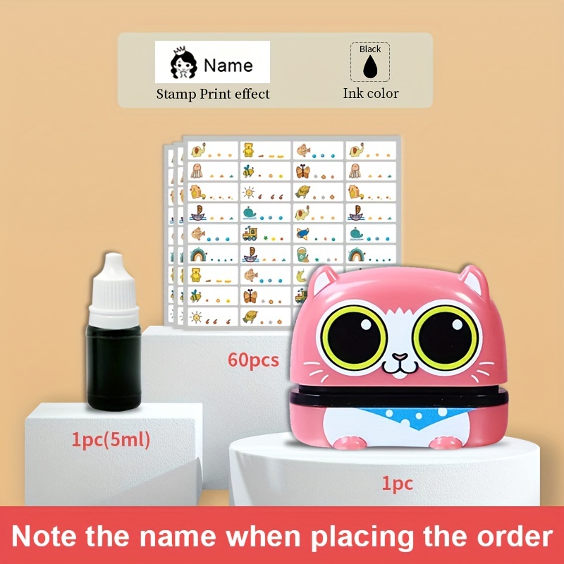 School Set(1 Pc Pink Cat Stamp And 60 Pcs Stickers)Custom Name Seals Stamp  For Teachers Clothing Waterproof Not Faded Personalized Name Label Clothes