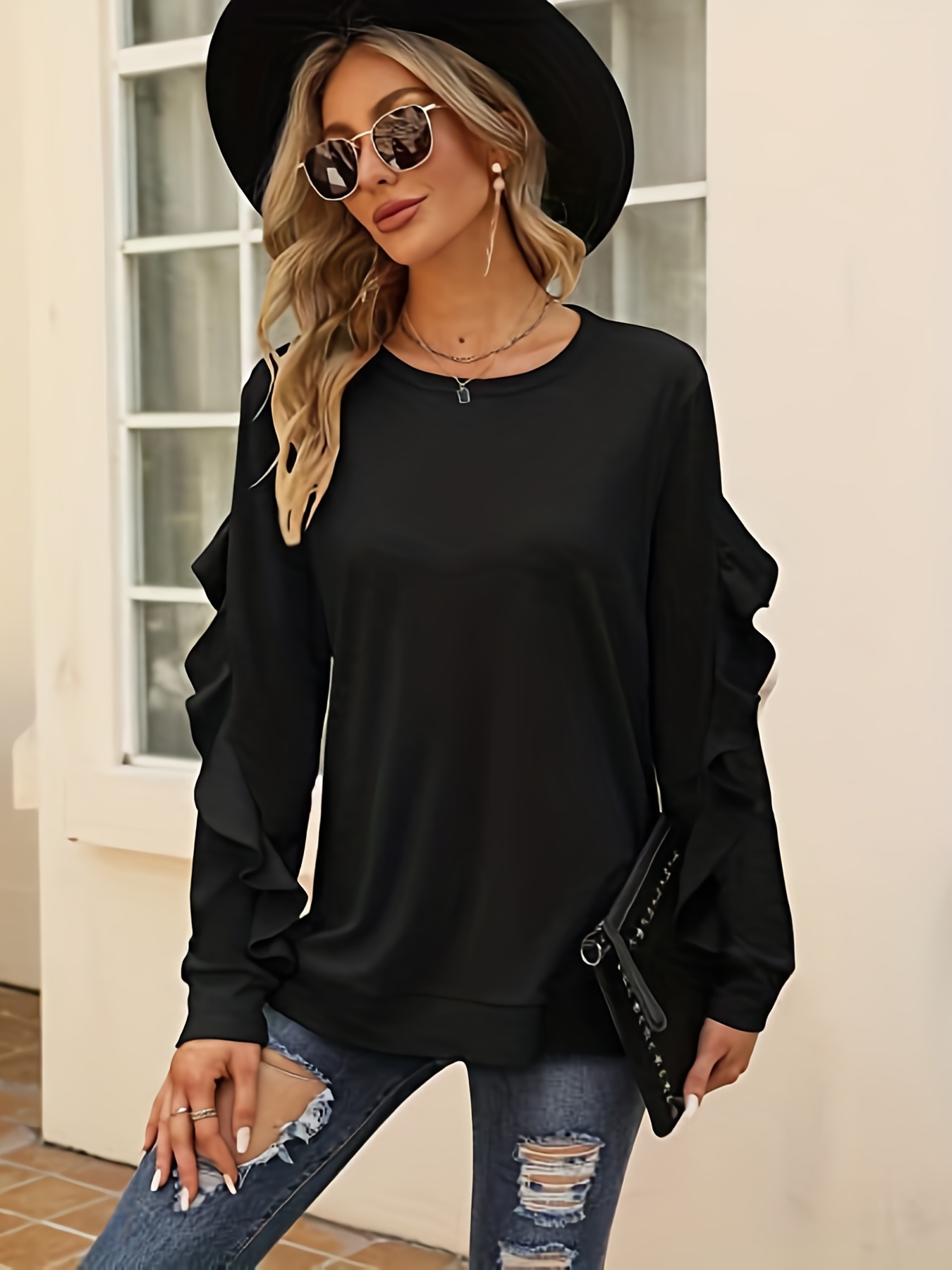 Black ruffle sweatshirt online