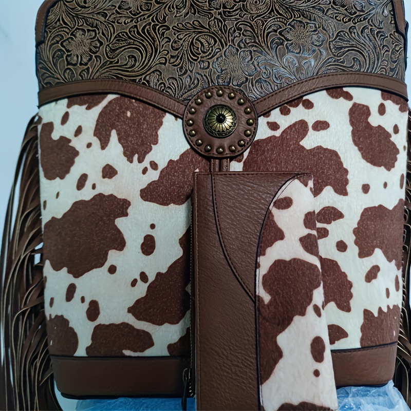 Cow Pattern Crossbody Bag Set, Boho Style Shoulder Bag, Vintage Bucket Bag  With Coin Purse - Temu