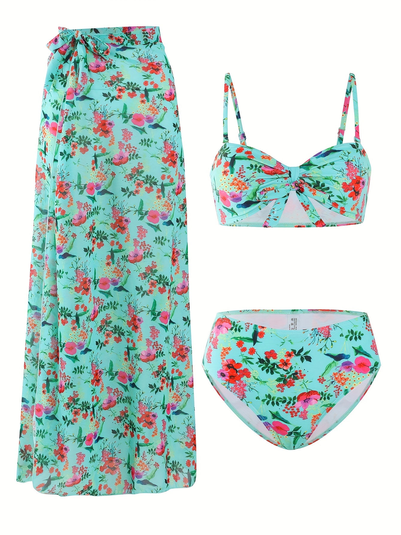 Floral Print Knot Front Stretchy 3 Piece Set Swimsuits, Spaghetti Strap V  Neck Bikini & Tie Side Elegant Cover Up Skirt, Women's Swimwear & Clothing