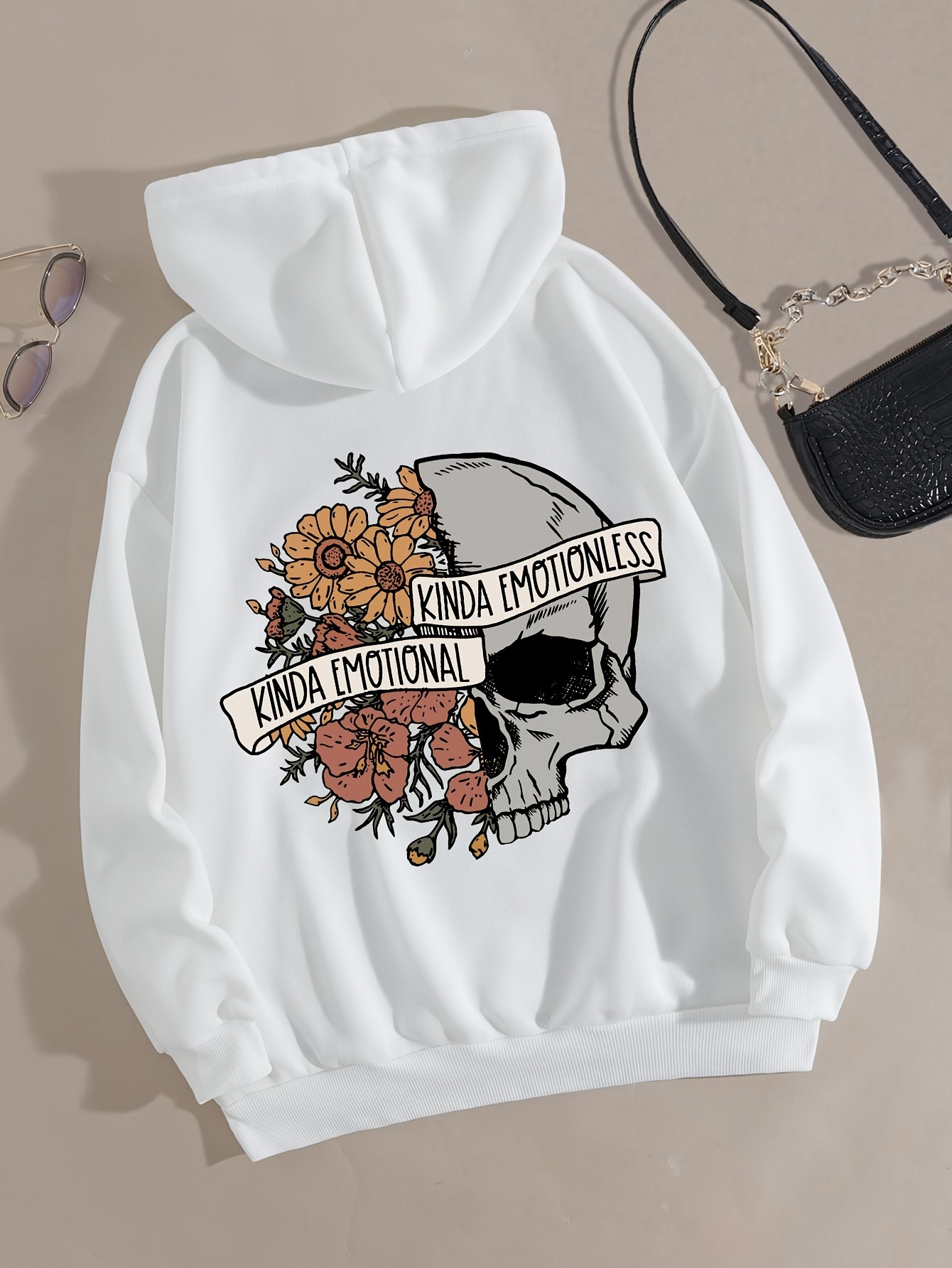 Floral Skull Print Hoodie Gothic Loose Kangaroo Pocket - Temu