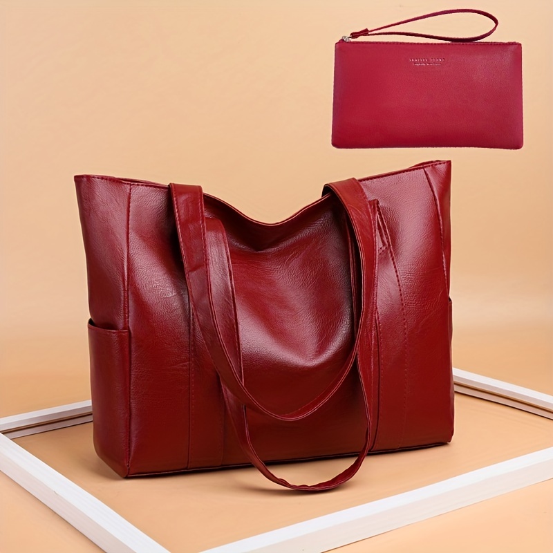 Simple Solid Color Tote Bag, Pu Leather Shoulder Bag, Large Capacity Purse  Satchel For Women - Temu United Arab Emirates