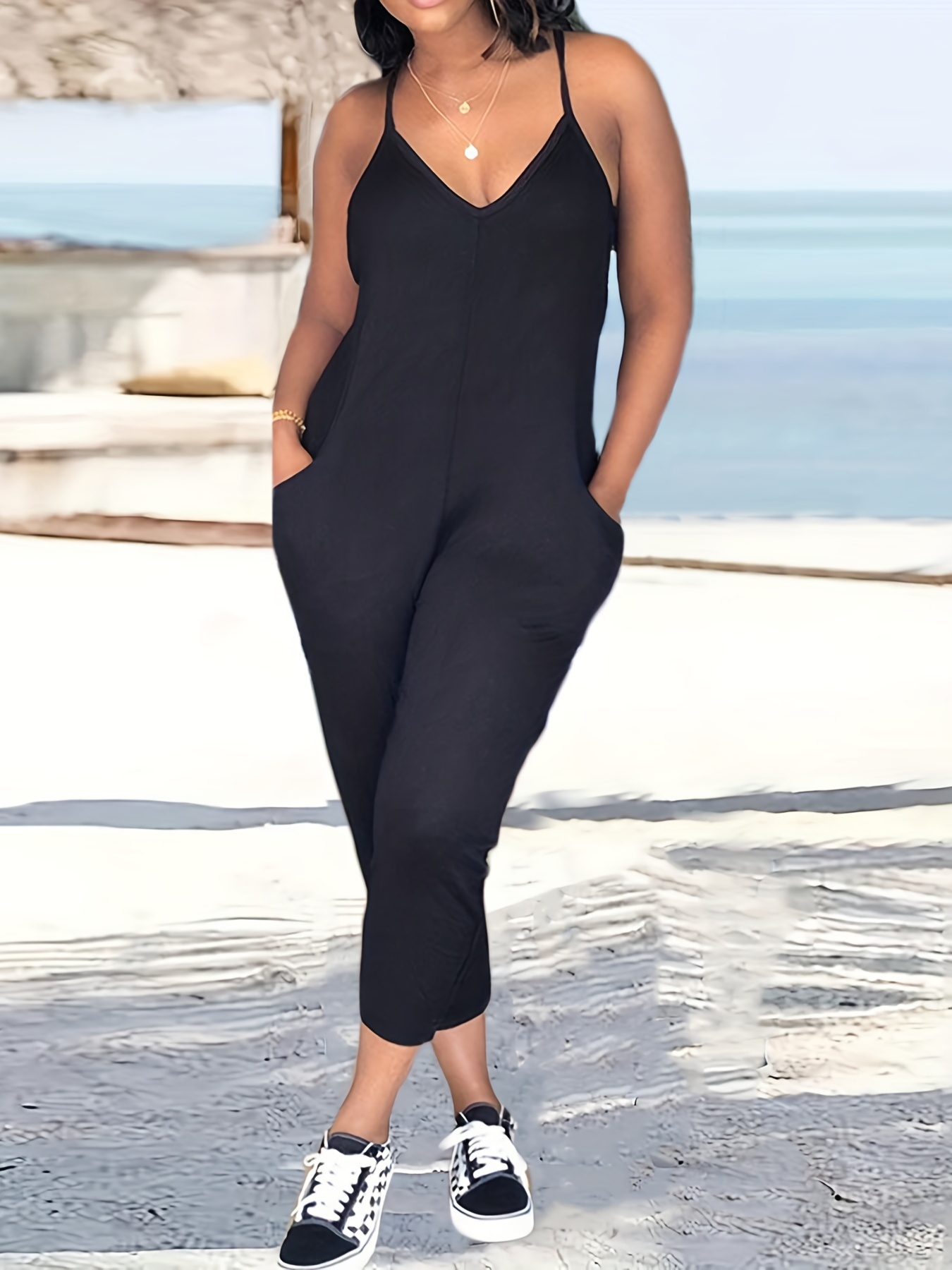 Spaghetti Solid Jumpsuit Casual Sleeveless Versatile Jumpsuit