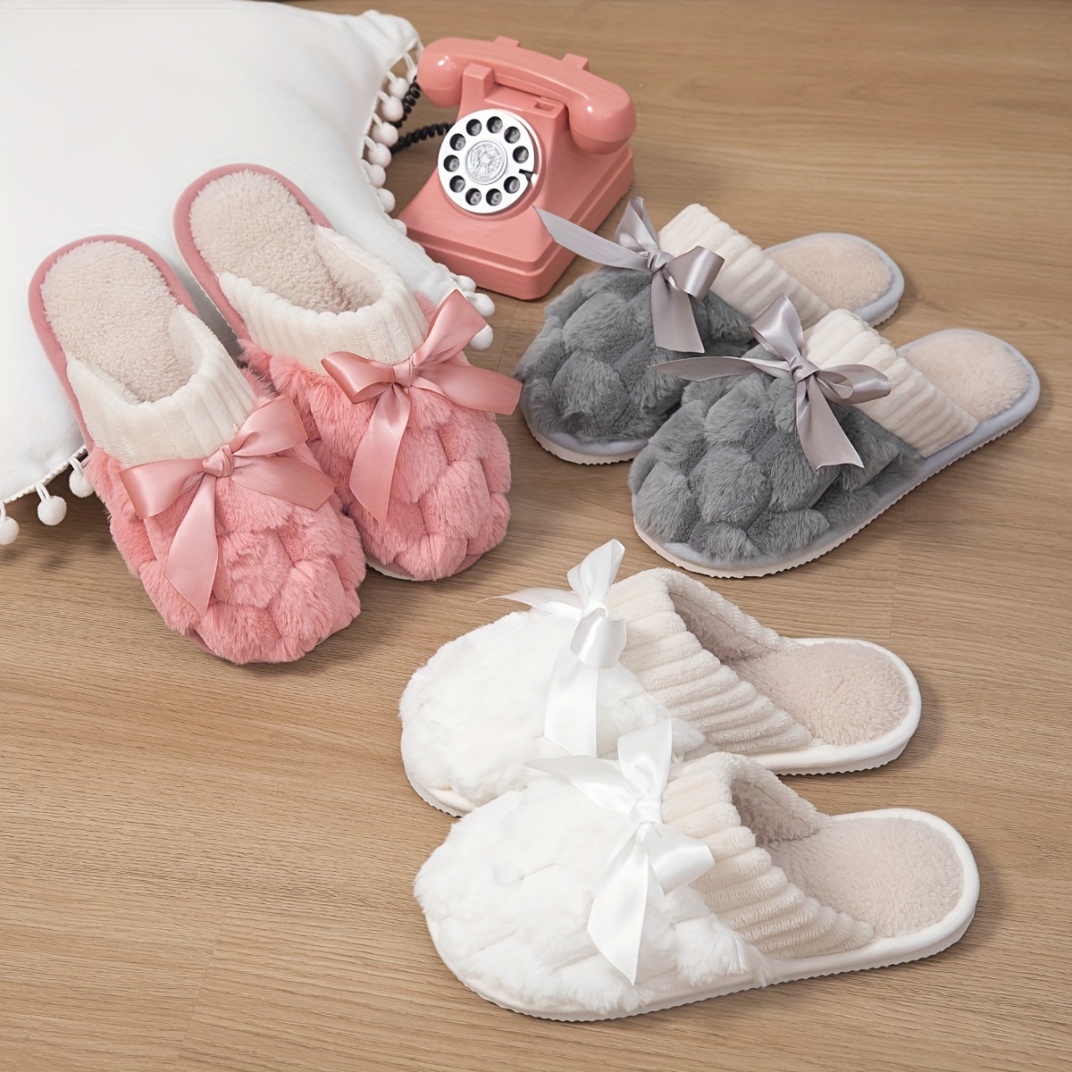 

Solid Color Home Warm Slippers, Slip On Soft Sole Fluffy Flat Bowknot Decor Shoes, Winter Plush Cozy Non-slip Shoes