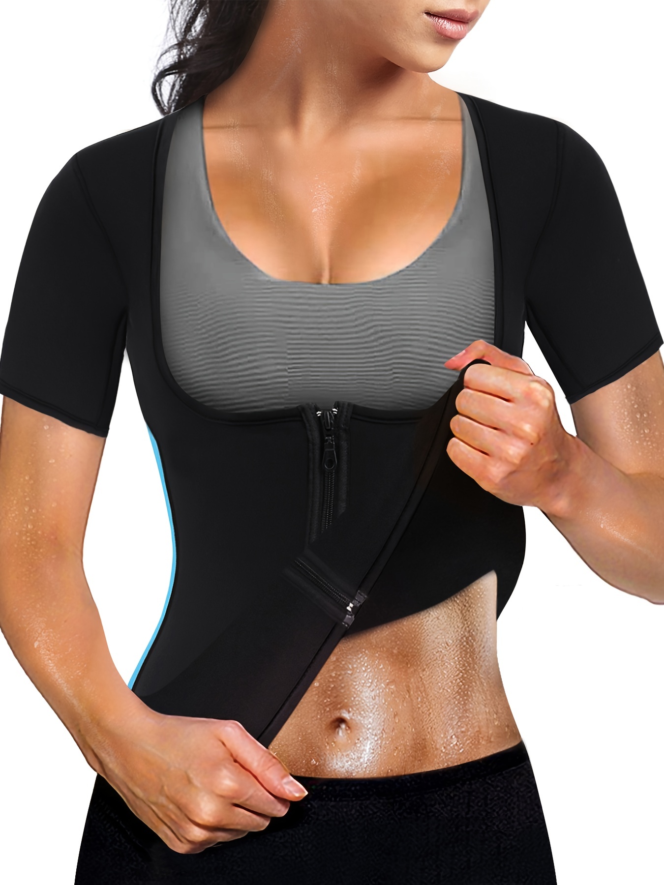 Black Zip Short Sleeve Workout Vest Body shaped Sweat Sauna - Temu Canada