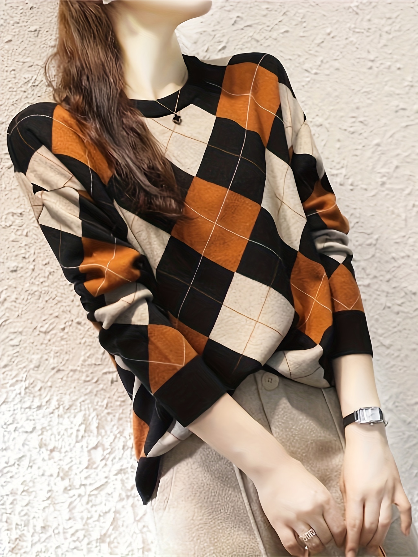 Plaid Pattern Crew Neck Pullover Sweater Casual Long Sleeve - Temu