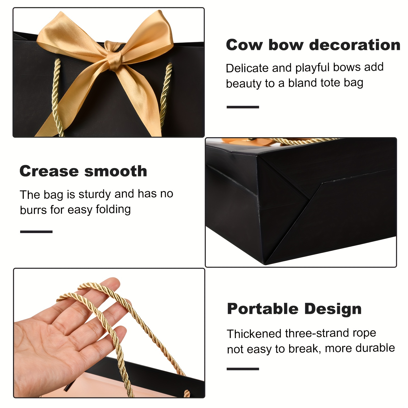 1pc Bow Decor Gift Bag, Simple Black Paper Gift Wrapping Bag For Wedding,  Party