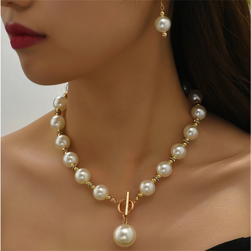 3pcs European And Trendy Classic Luxurious Delicate Pearl Ot Earrings Necklace Set | Suitable For , Plastic Material