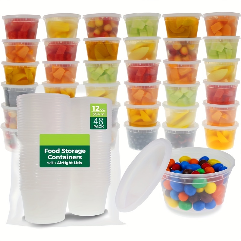 Contenedores de plástico para almacenamiento de alimentos con tapas  herméticas [12 onzas - 48 juegos].