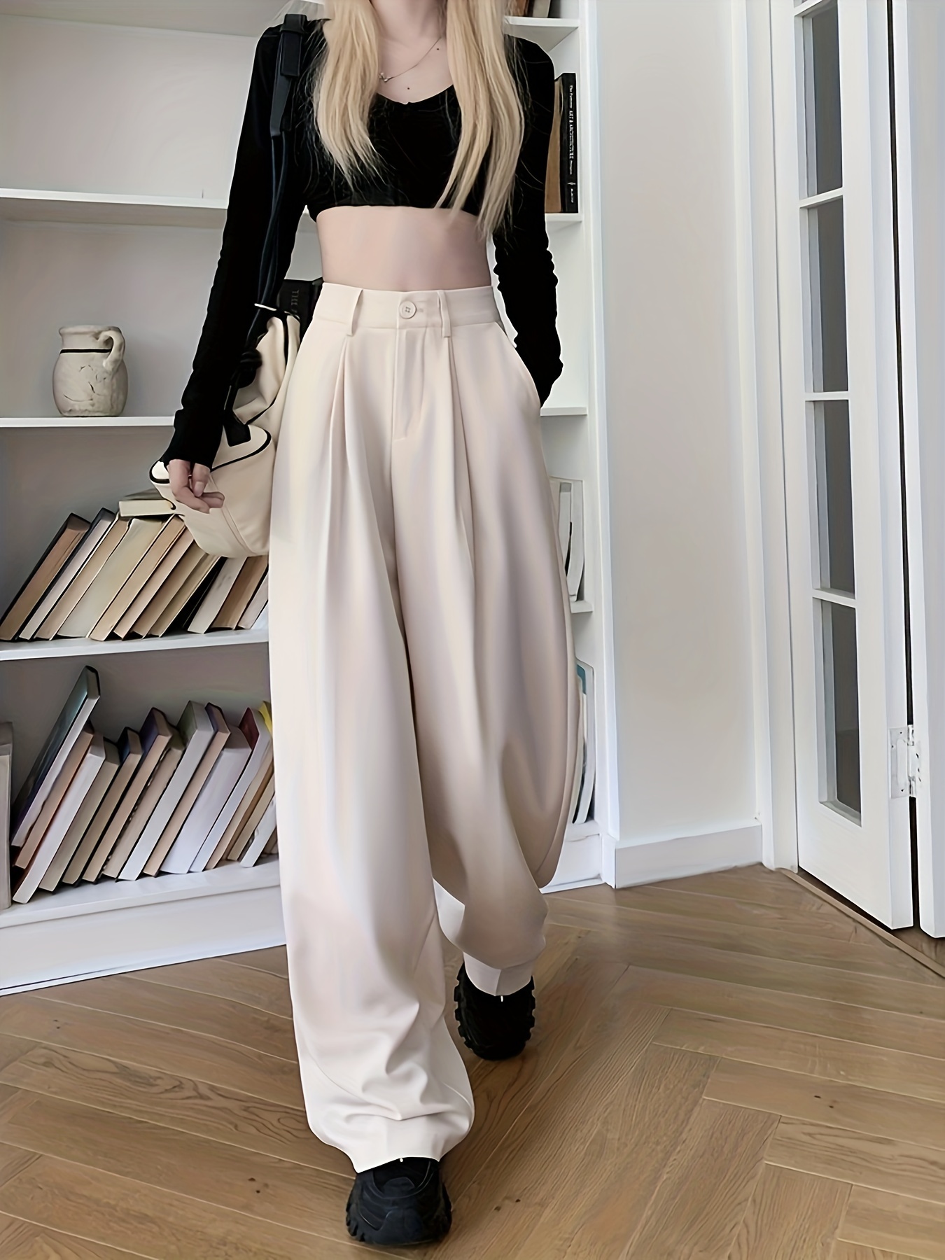 Slant Pockets Wide Leg Pants Business Casual Loose Pants - Temu