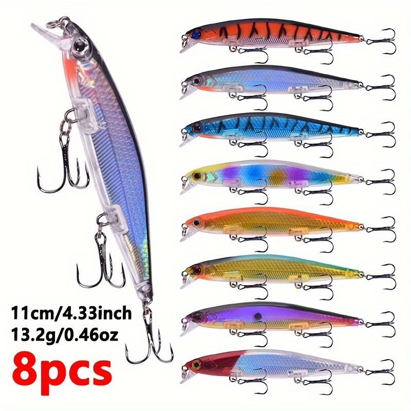 

8pcs Sinking Slowly Minnow Fishing Lures, 8 Colors Set 11cm/4.33inch 13.2g/0.466oz Artificial Wobblers Laser Plastic Hard Bait With 6# Hooks For Bass Freshwater And Saltwater Fishing Tackle