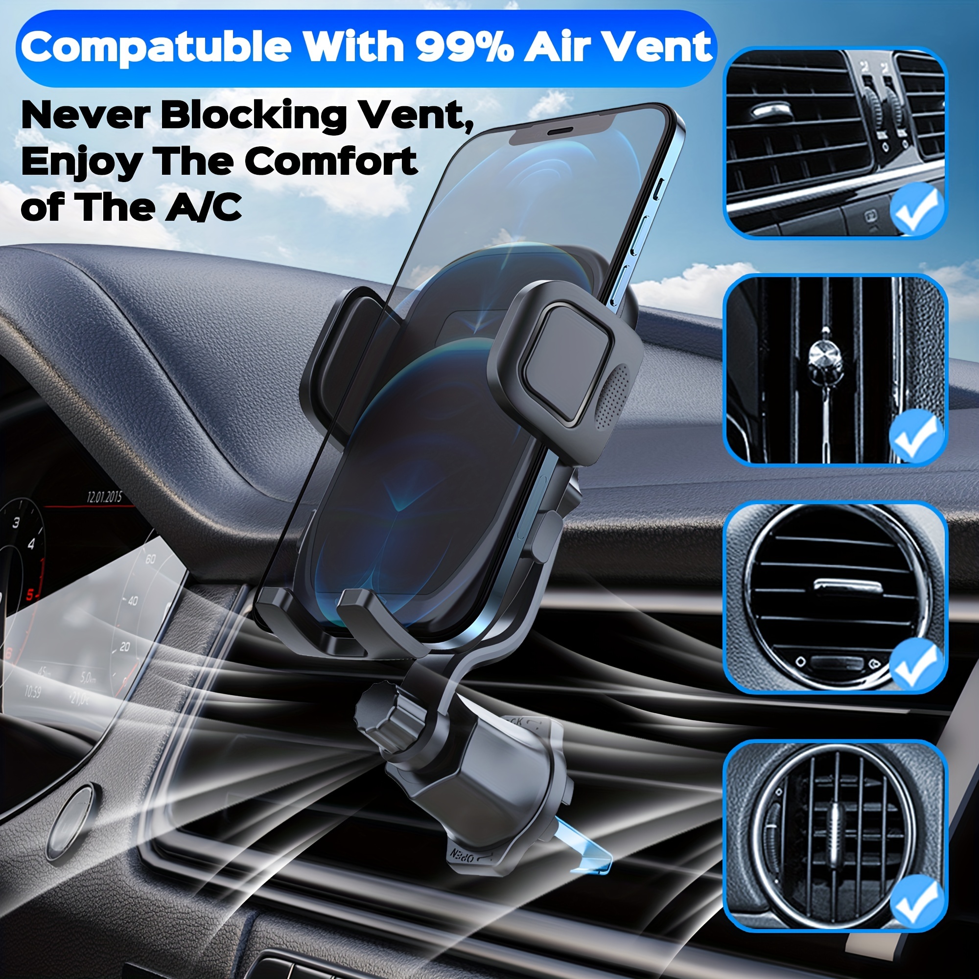 VANMASS Soporte para teléfono celular para automóvil, parabrisas, rejilla  de ventilación de auto, con clip de ventilación y panel de tablero, fuerte