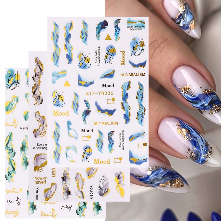 9 Sheets Gold Nail Stickers Black Ink Nail Tips Abstract Line French  Manicure Nail Art Stickers 3D Luxury Nail Decals Self-Adhesive Summer  Bronzing