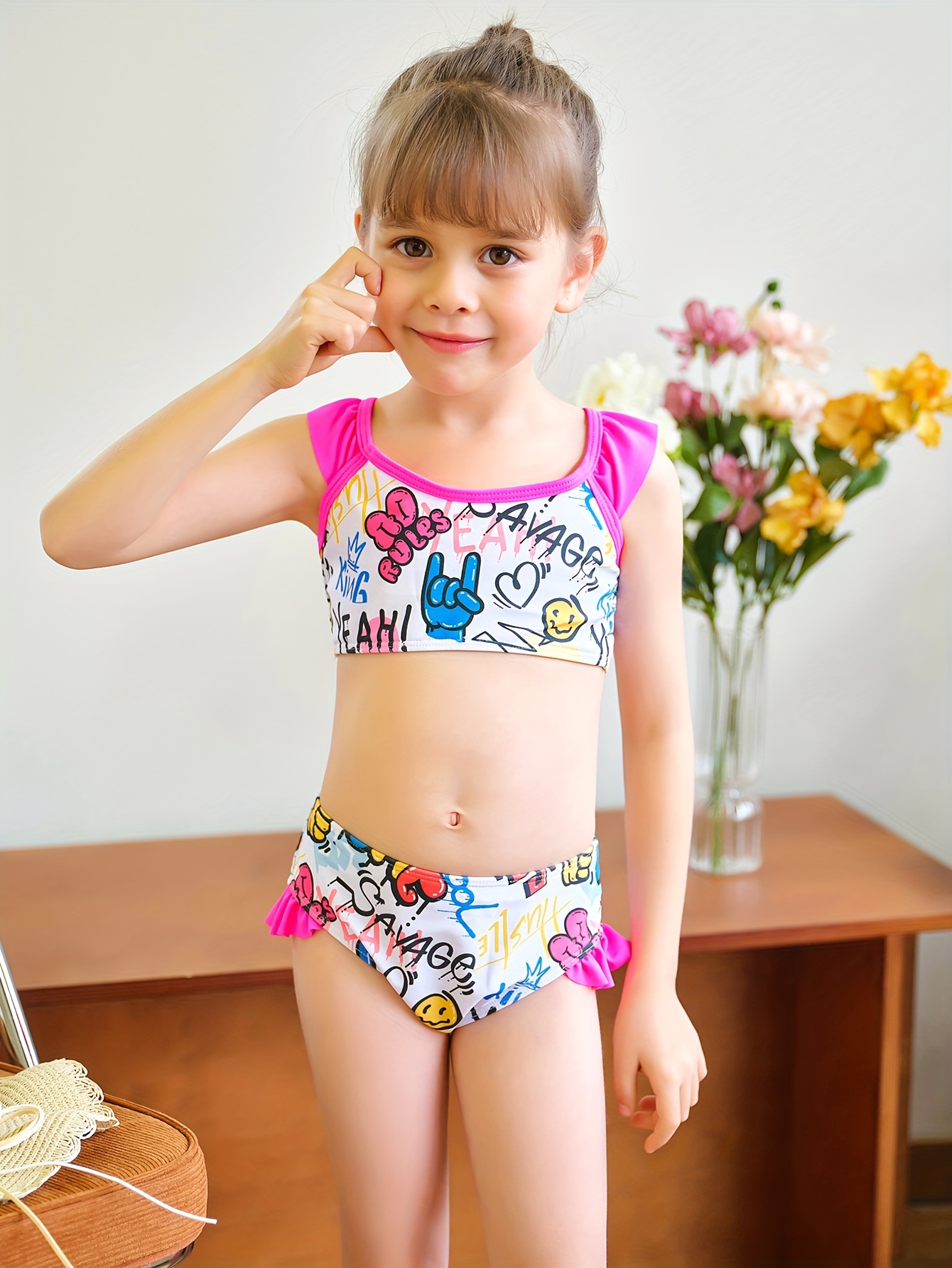 Girls Sunflower Graphic Bikini Suit Cute Kids Swimsuit - Temu Australia