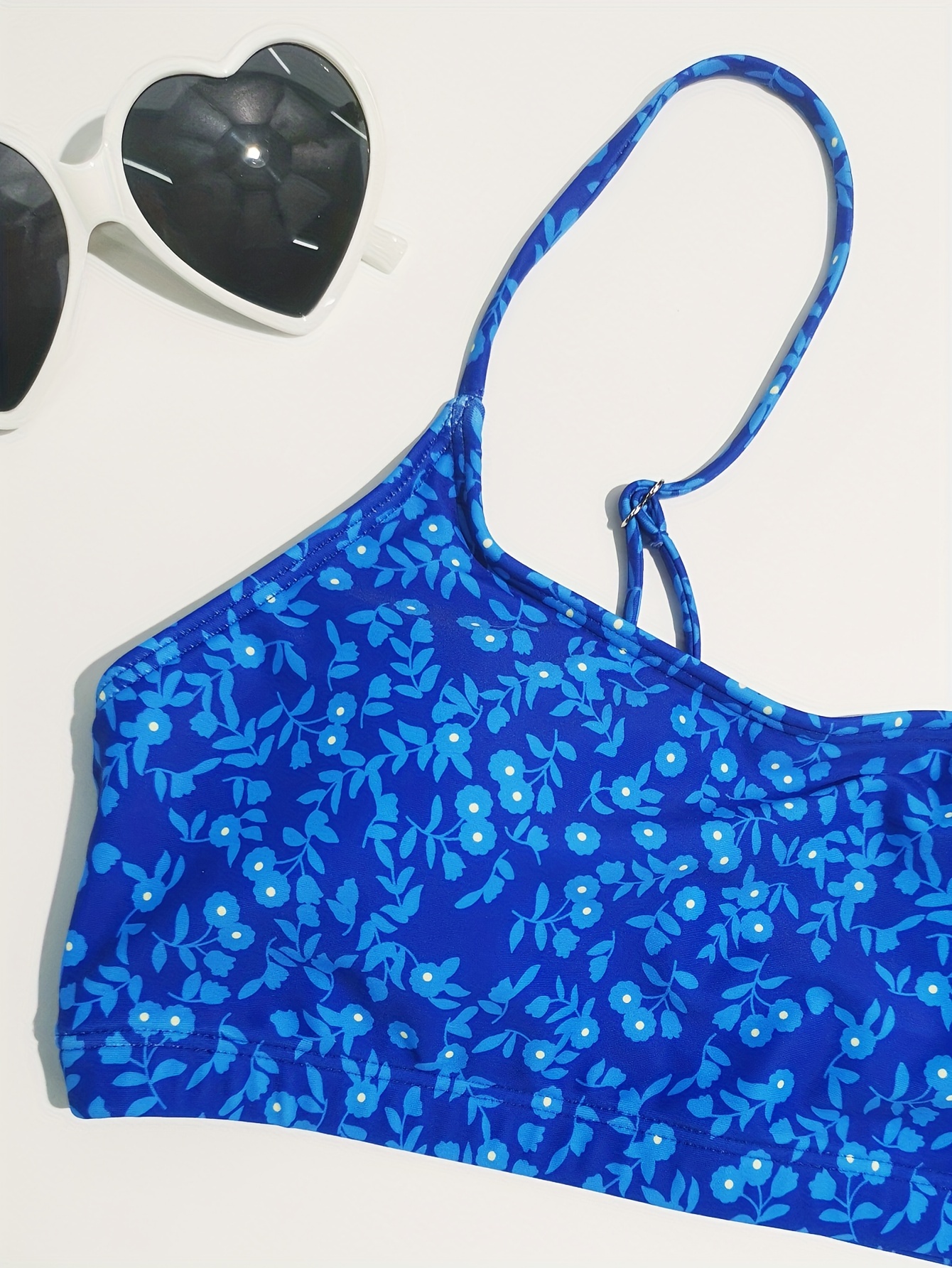 Ditsy Floral Print Bandeau Centre Core Two Piece Bikini, Two Tone Blue High  Waist Tummy Control Swimsuit, Women's Swimwear