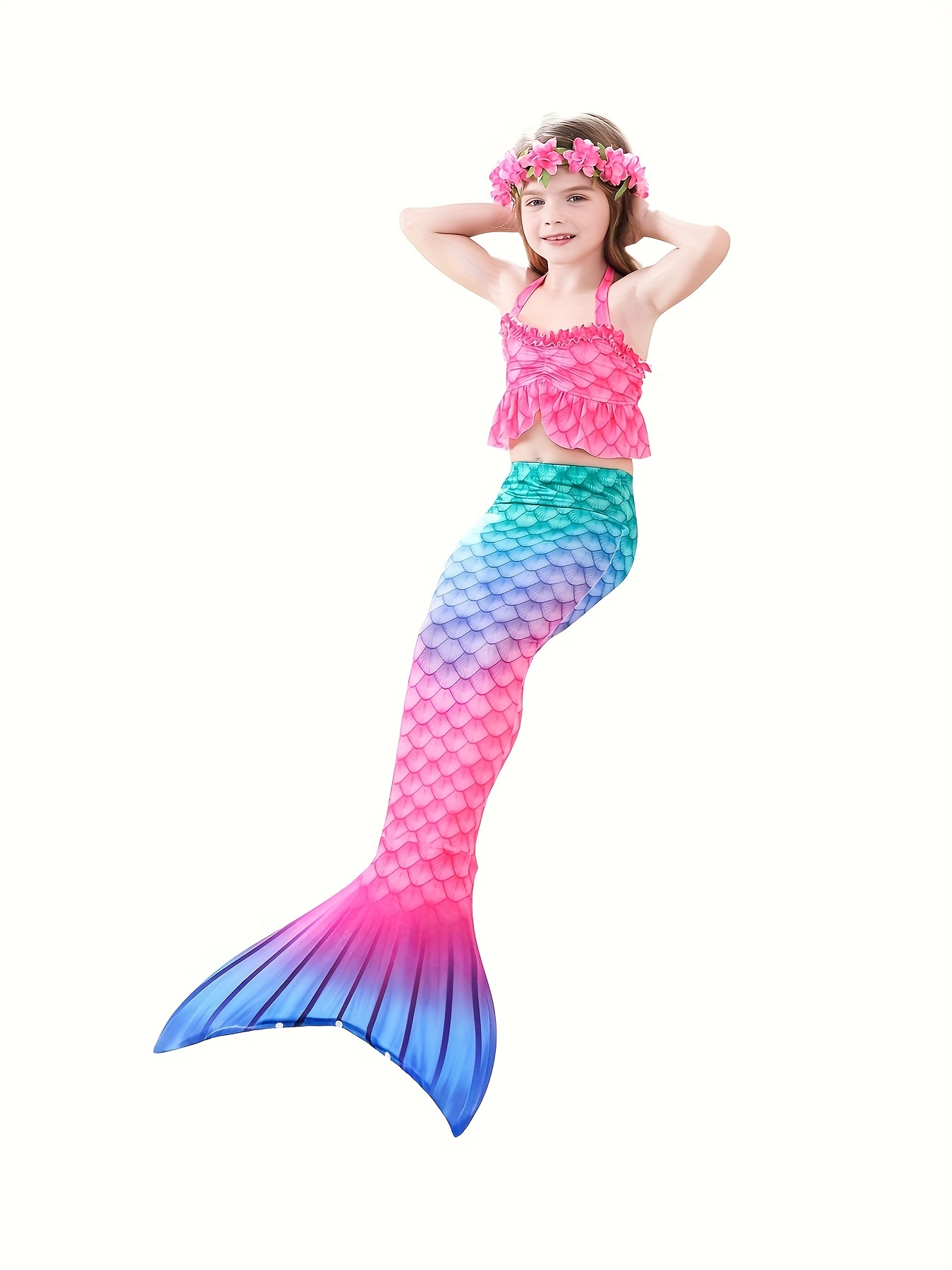 Traje Baño Cola Sirena Niñas Baño Patrón Escamas Pescado - Temu