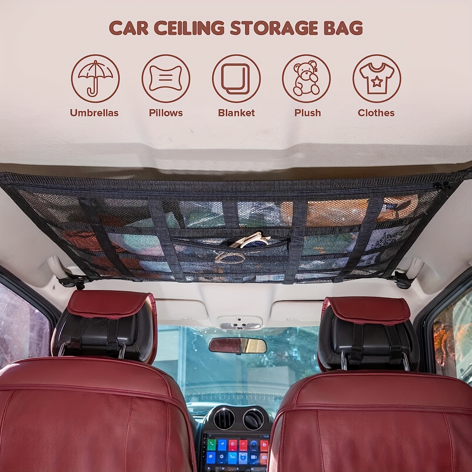 Car Ceiling Cargo Net Pocket,31.5*21.6Load-Bearing And Droop Less  Double-Layer Mesh Car Roof Storage Organizer,Truck SUV Long Road Trip Campin