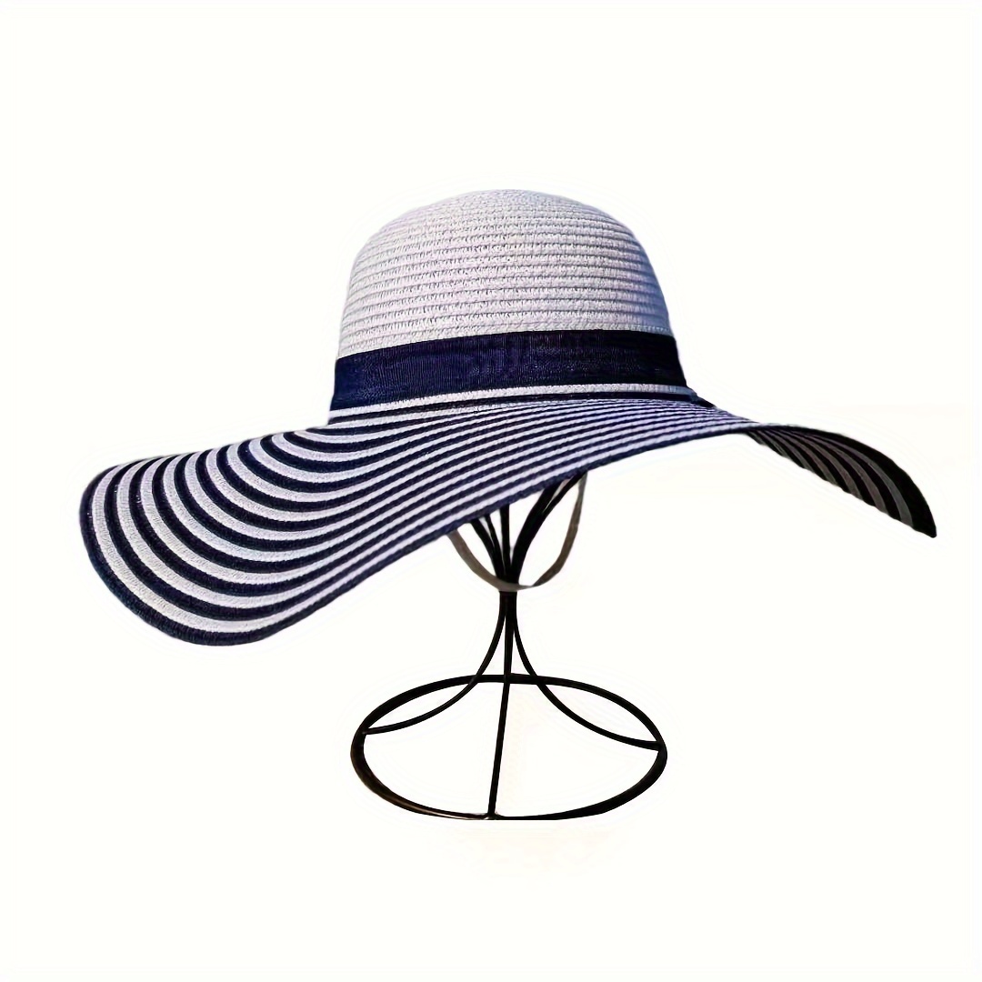 Classic Striped Bowknot Straw Hat Blue & White Wide Brim Hats Elegant Foldable Floppy Sun Hats Outdoor UV Protection Beach Hats for Women,Temu