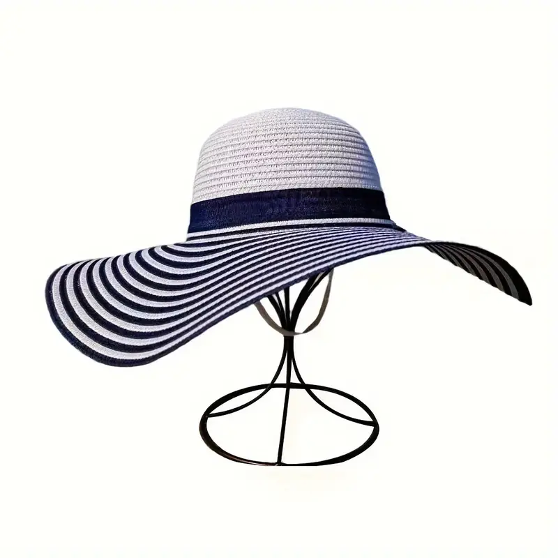 Classic Striped Bowknot Straw Hat Blue White Wide Brim Hats - Temu Canada