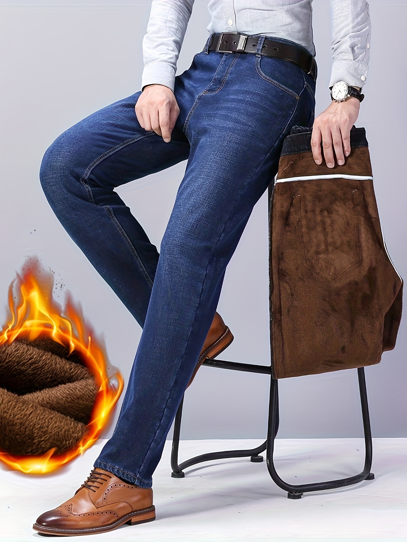 Winter New Men's Warm Jeans Classic Style Fleece Thicken Stretch