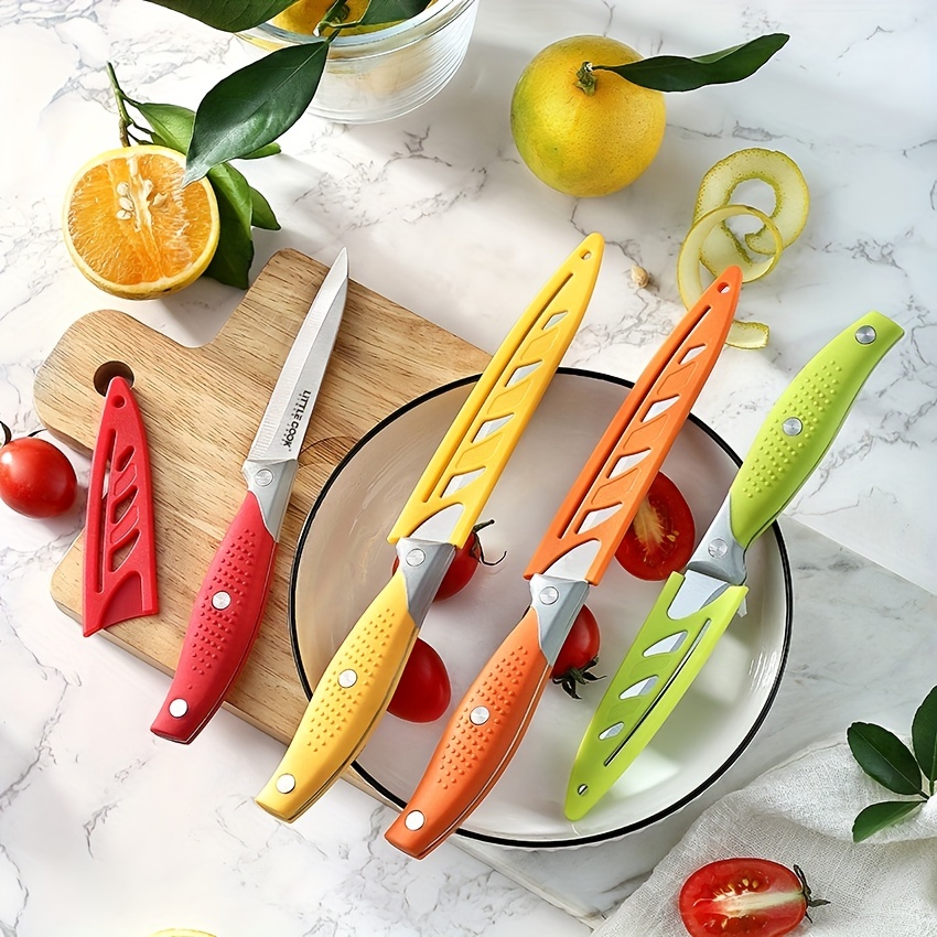 Arcos Juego de 3 cuchillos de pelar de acero inoxidable de 4 pulgadas.  Cuchillos de cocina coloridos para pelar frutas y verduras. Mango  ergonómico de