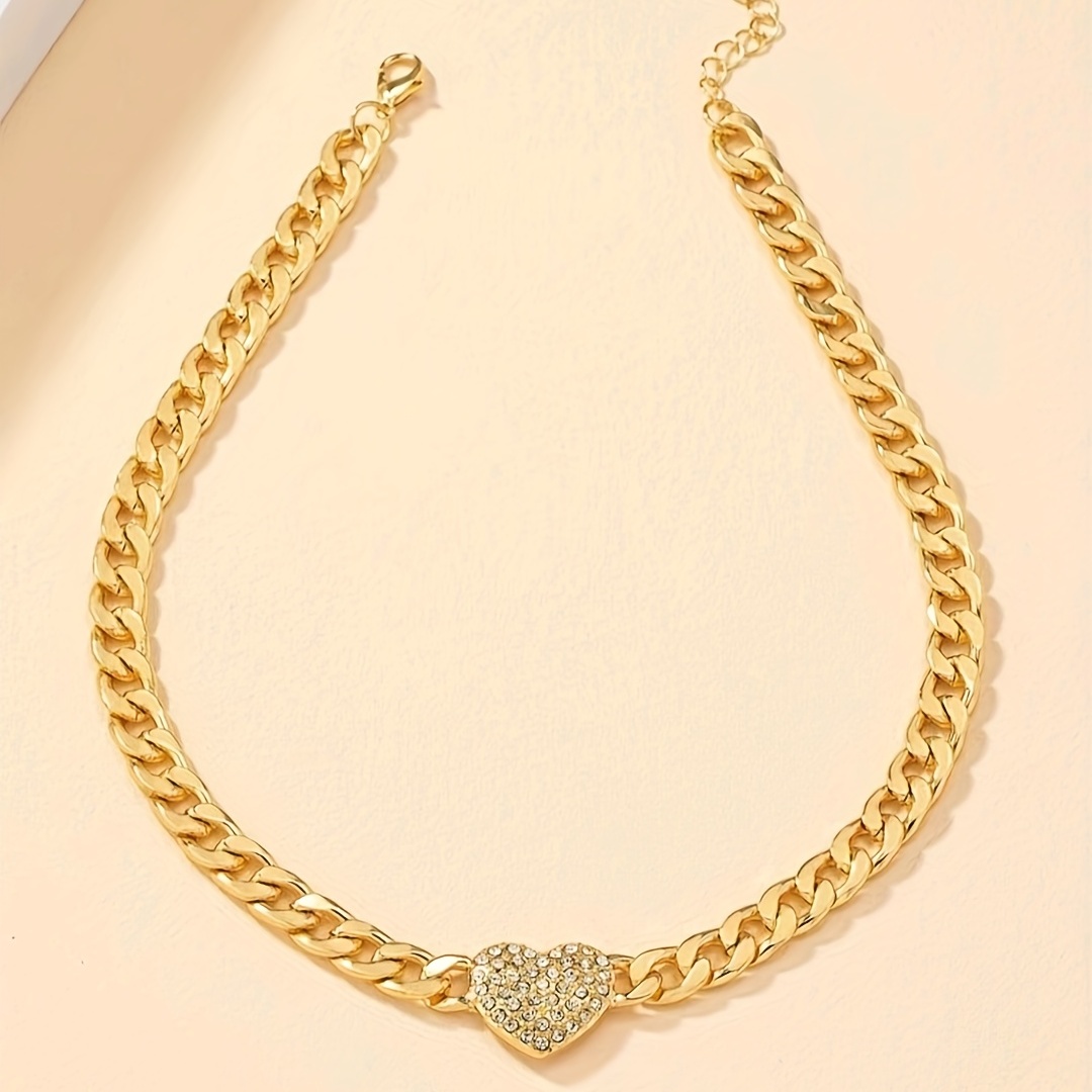 golden hip hop style chunky chain love heart charm choker inlaid rhinestones unisex neck jewelry party favors details 0