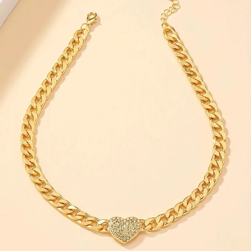 golden hip hop style chunky chain love heart charm choker inlaid rhinestones unisex neck jewelry party favors details 0