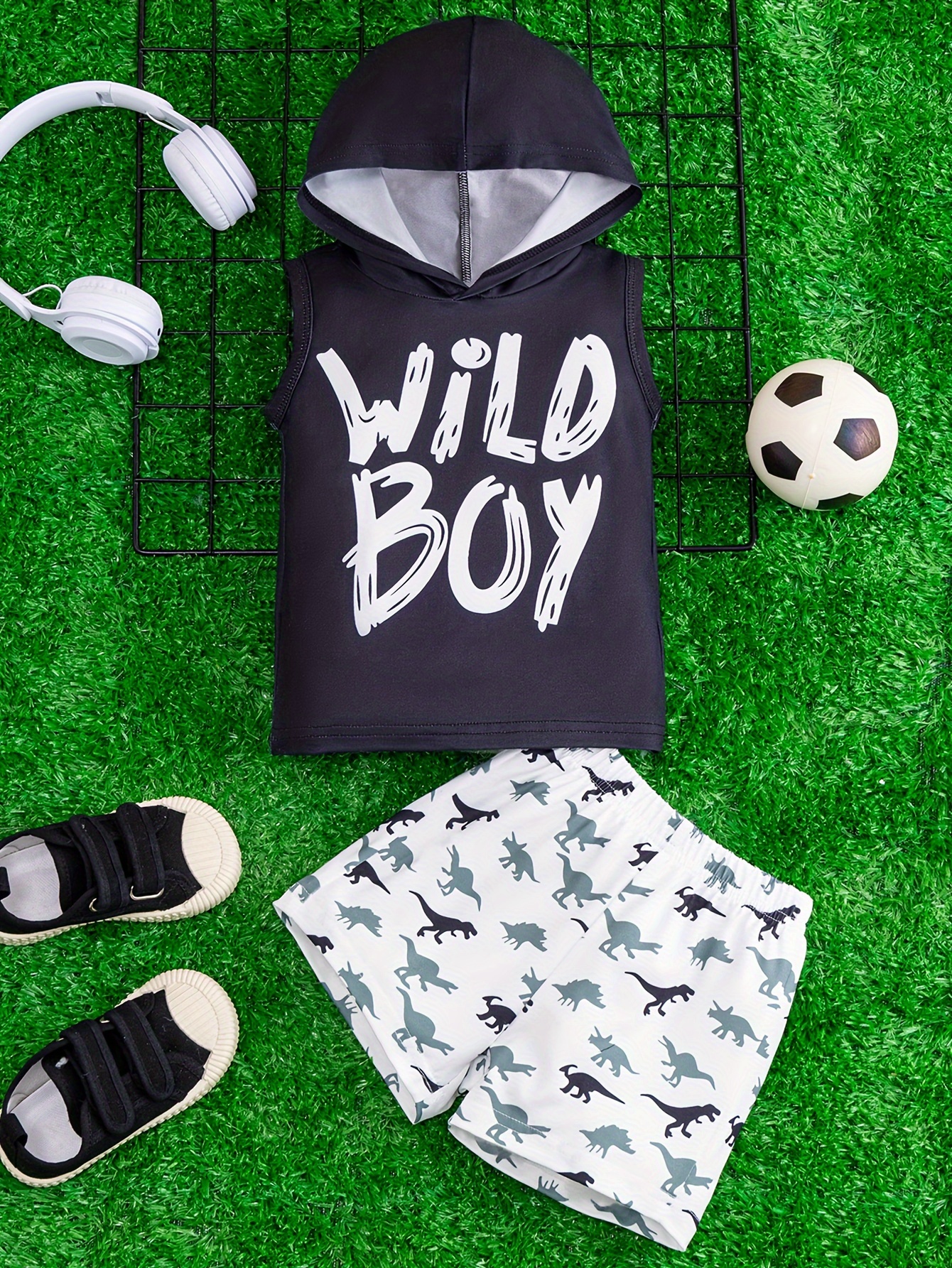 2pcs Baby Boy 95% Cotton Allover Dinosaur Print Hooded Tank Top and Solid Shorts Set