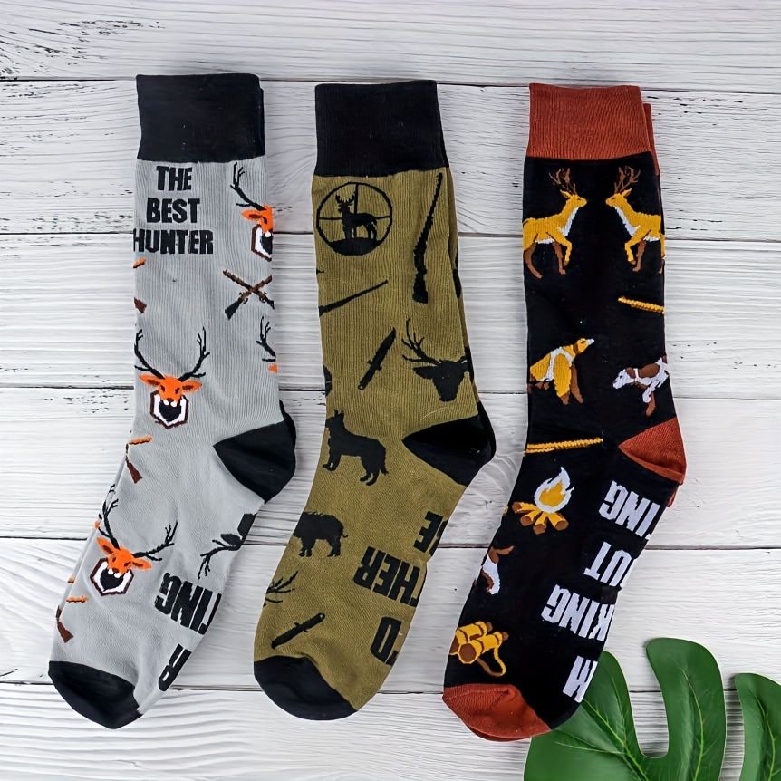 

3 Pairs Men's Game Hunting Print Crew Socks, Cotton Socks Christmas Birthday Gifts For Men Dad Husband Grandpa Boyfriend