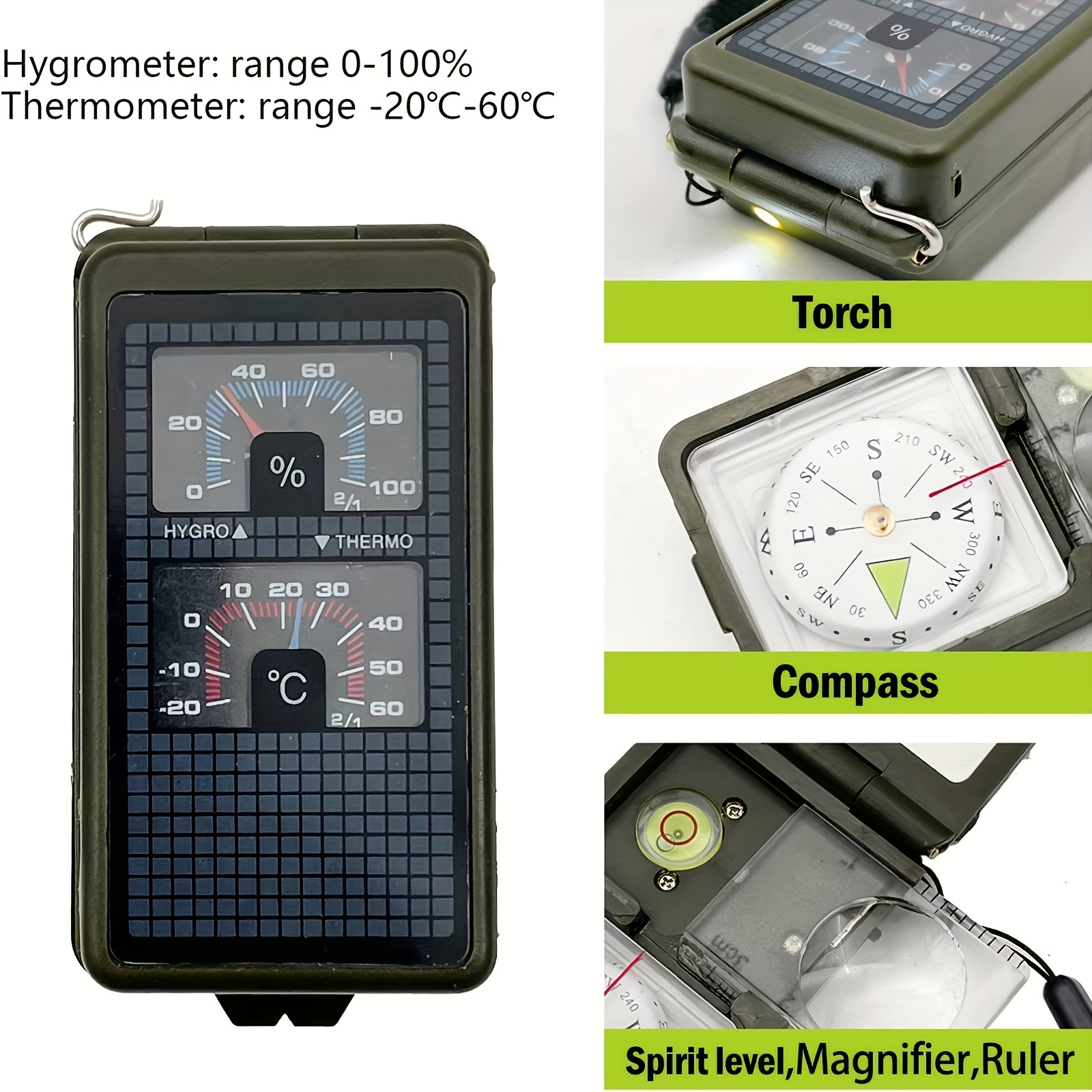3 in1 Emergency Survival Gear Camping Hiking Whistle Compass Thermometer, Men's, Green