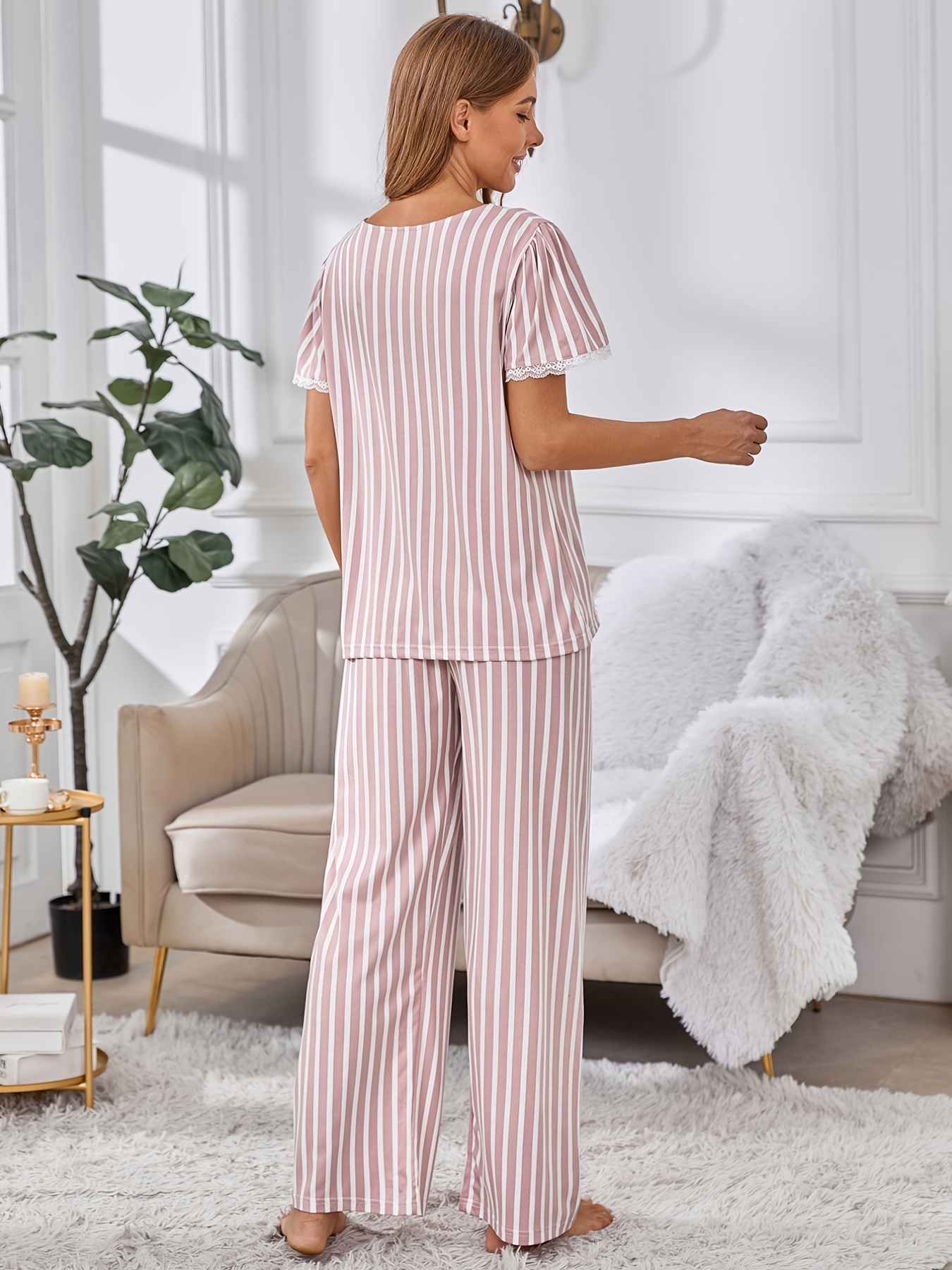 Bow Striped Print Pajamas Set, Casual Short Sleeve Lace Trim Top & Loose  Long Pants, Women's Loungewear & Sleepwear