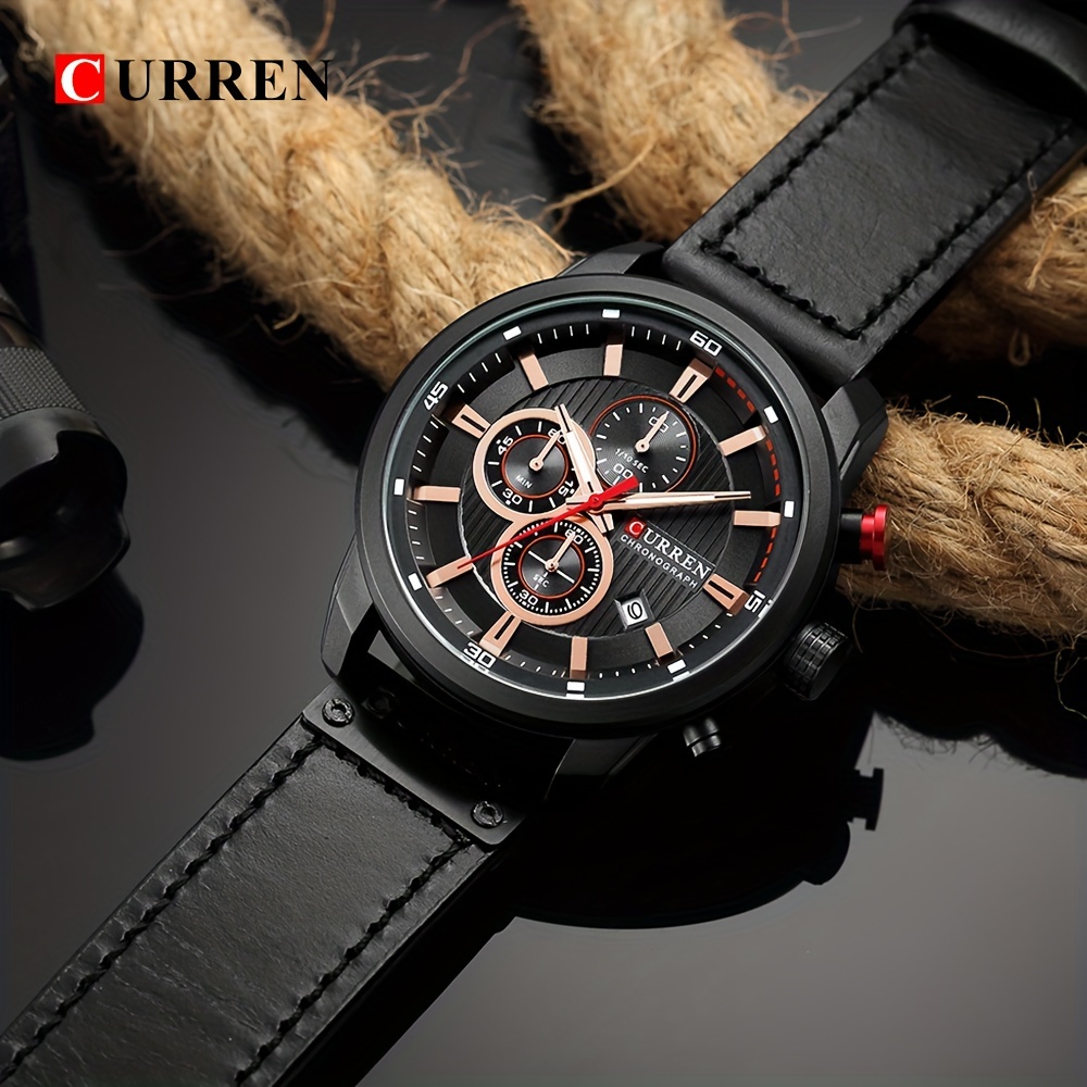 mens sports watch with multiple functions pu leather strap and automatic date display details 3