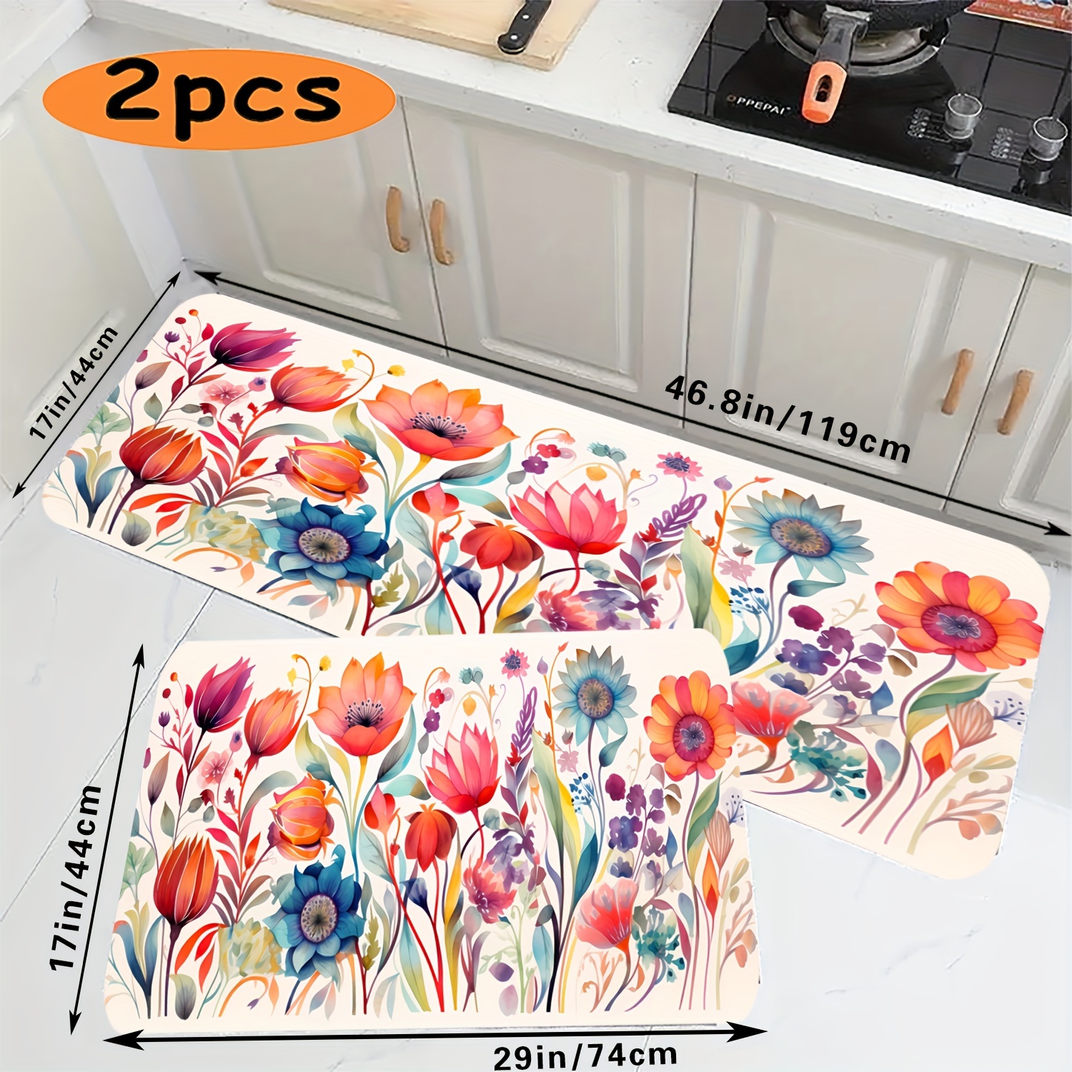 

2pc Spring Floral Bathroom Rug, Non Slip Washable Standing Floor Mat, Funky Laundry Room Shower Carpet, House Stuff, Home Accessories, Must Have, Aesthetic Flower Farmhouse Decor