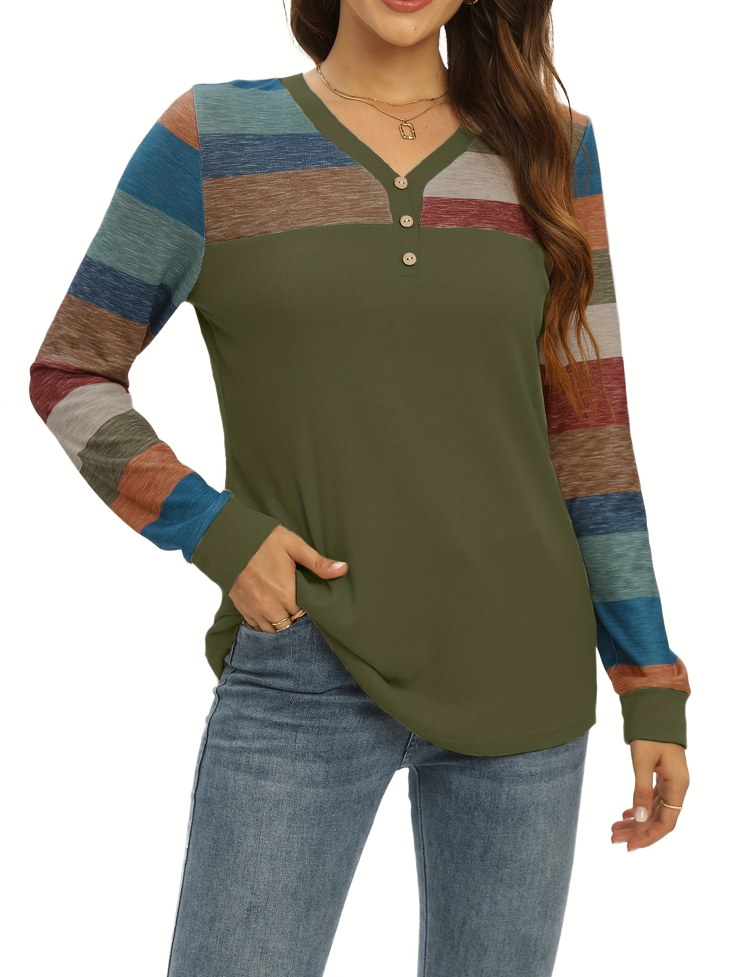 colorblock stripe print v neck t shirt casual button front long sleeve top for spring fall womens clothing army green 2