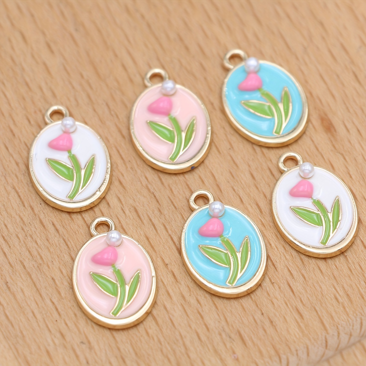 

6pcs Mix Lot Golden Enamel Tulip Flower Charm Oval Floral Pattern Pendant For Jewelry Making Earrings Diy Accessories