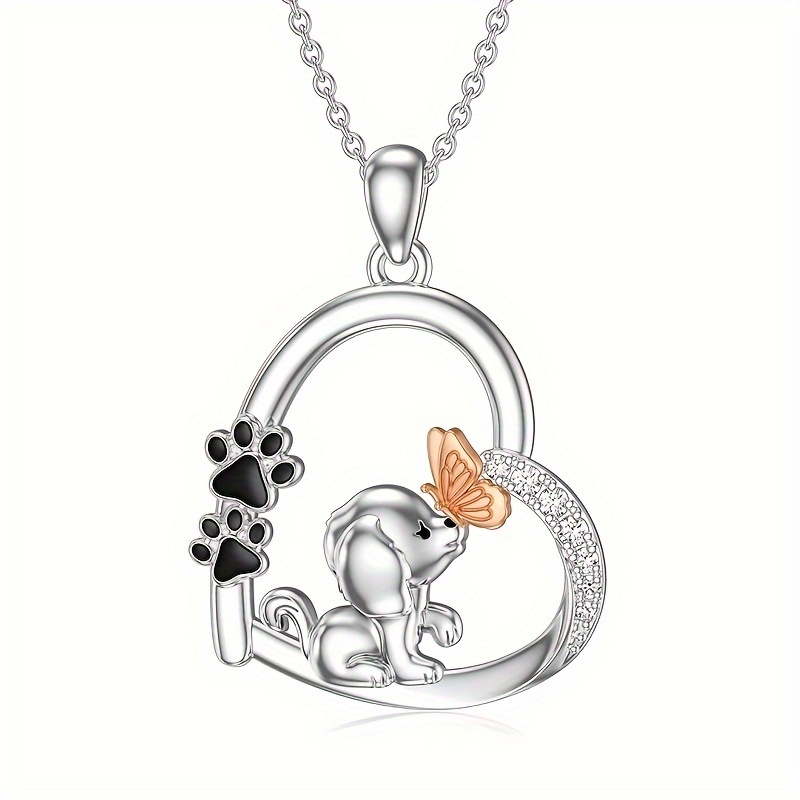 

Cute Little Dog Puppy Paw Heart-shaped Inlaid Artificial Crystal Butterfly Pendant Necklace Adorable Animal Design Neck Jewelry
