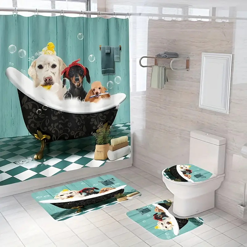 4PCS Puppy Bathing Decoration Shower Curtain Set, Waterproof Shower Curtain  With 12 Hooks, Non-Slip Bathroom Rug, Toilet U-Shape Mat, Toilet Lid Cover