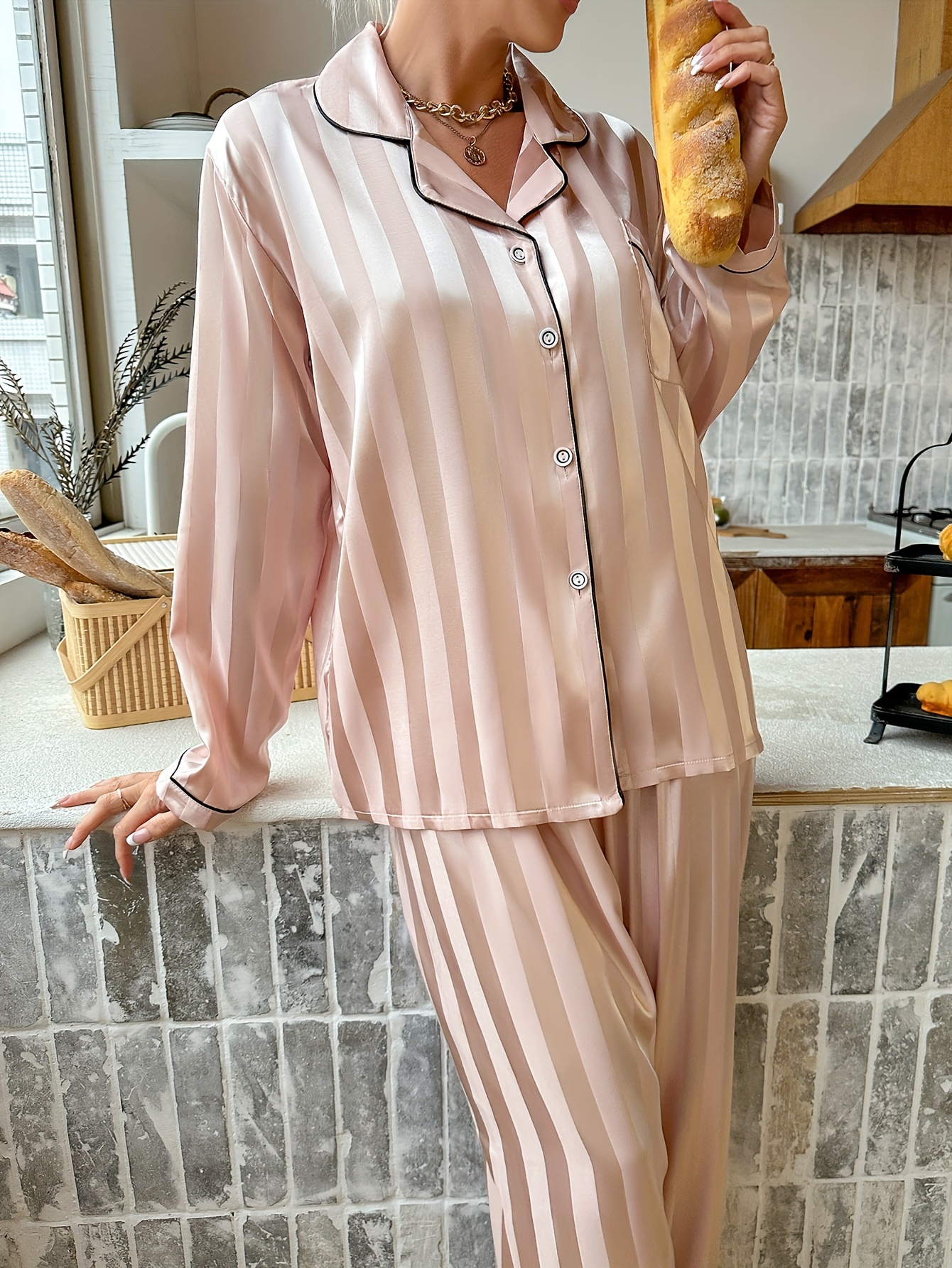 Women's Satin Pajama Set Soft Loose Striped Long Sleeve Button Down Shirt  and Elastic Waist Pants Set Loungewear (Beige, S) at  Women's  Clothing store