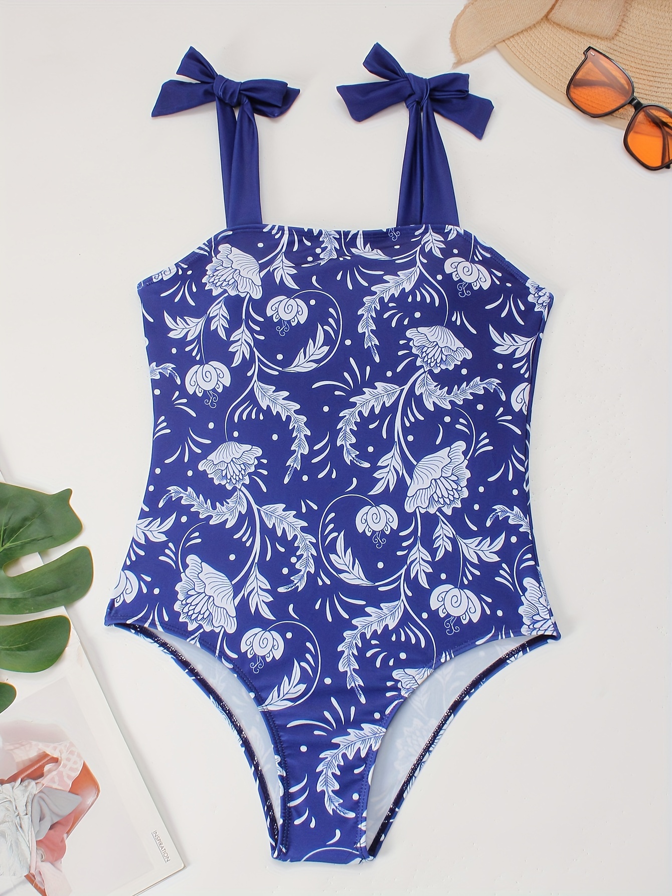 Blue White Floral Print Elegant Swimsuit Knot - Temu Canada