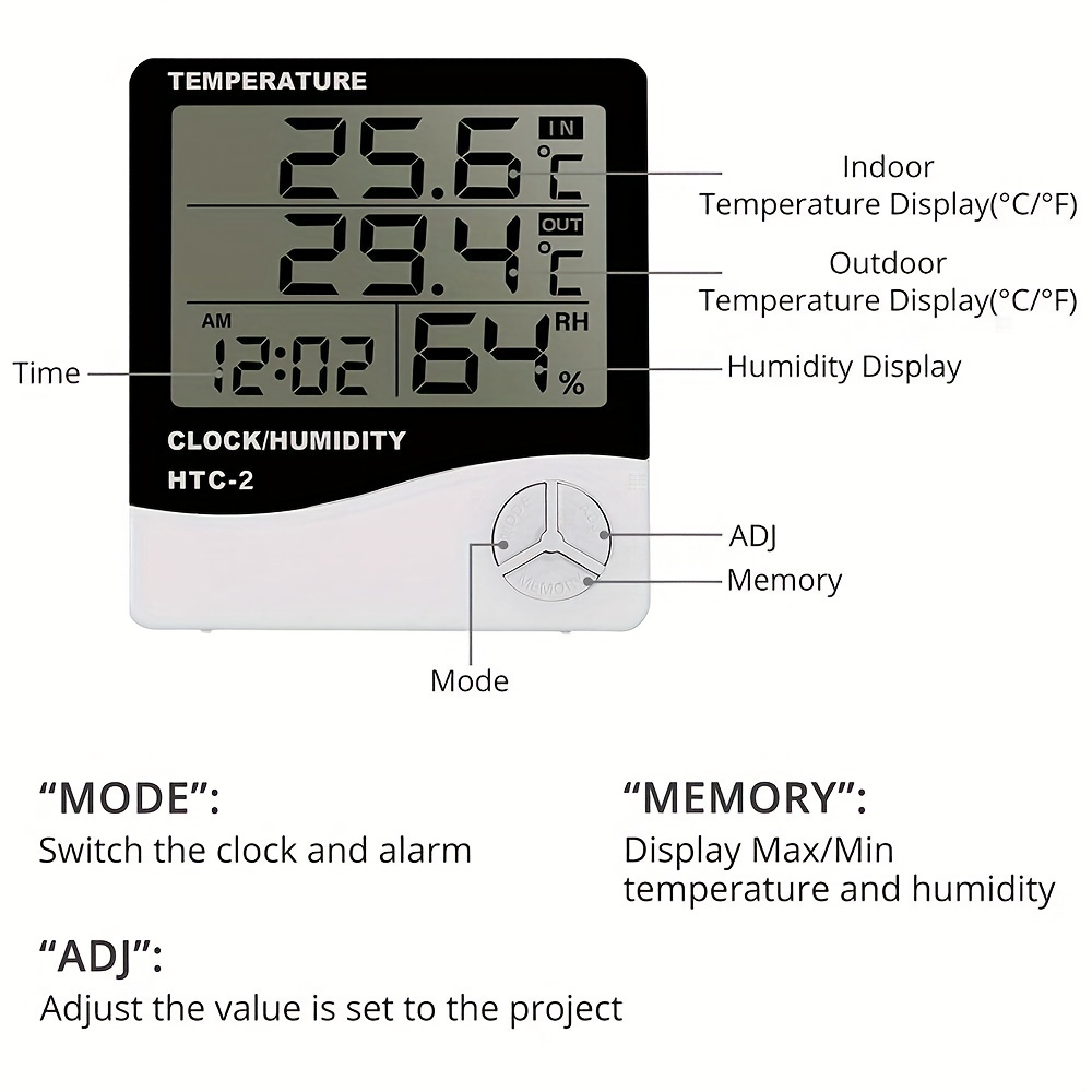 Digital Room Thermometer Digital Humidity Room Temperature Meter Weather  Station Clock LCD HTC-2