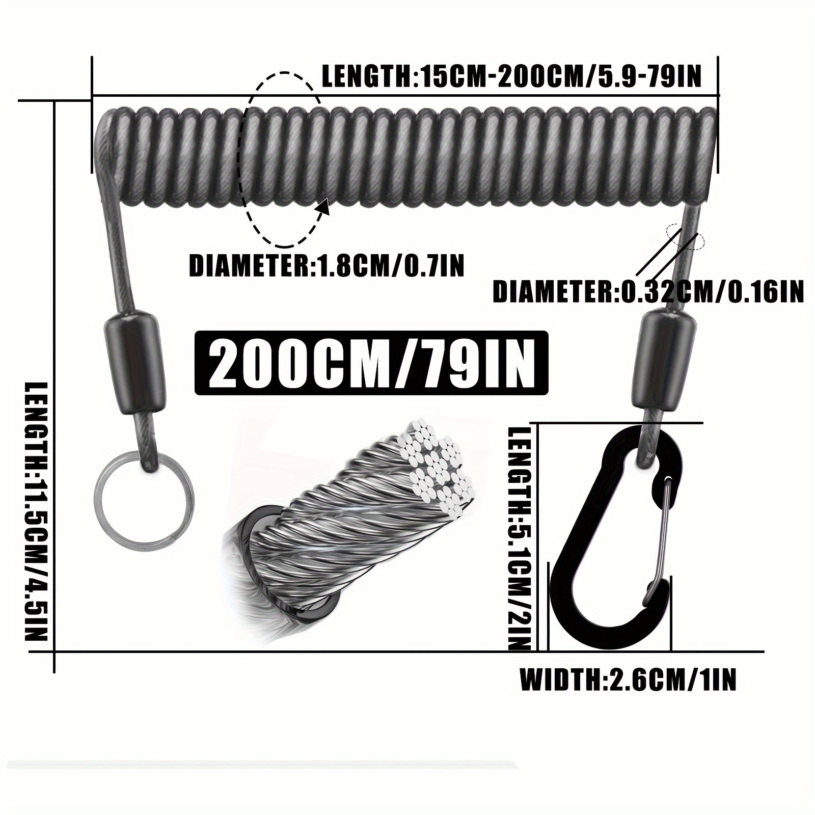 Coiled Lanyard Fishing Retractable Safety Rope Heavy Duty Steel Wire 