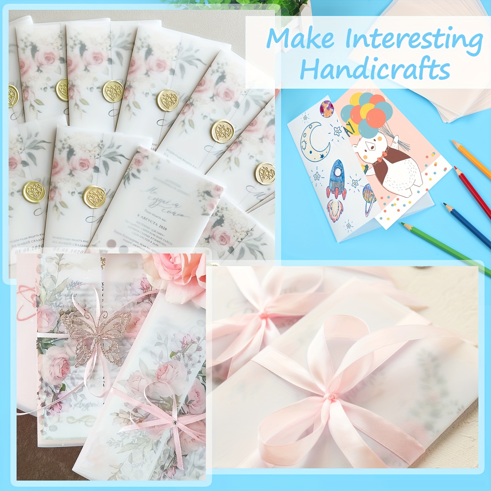  100Pcs DIY Vellum Paper for Invitations, Translucent Vellum  Jackets for 5x7 Invitations with 200Pcs Dried Flowers/125Pcs Seal  Stickers/Hemp Rope for Wedding Baby Shower Birthday Invitations Cards :  Arts, Crafts 