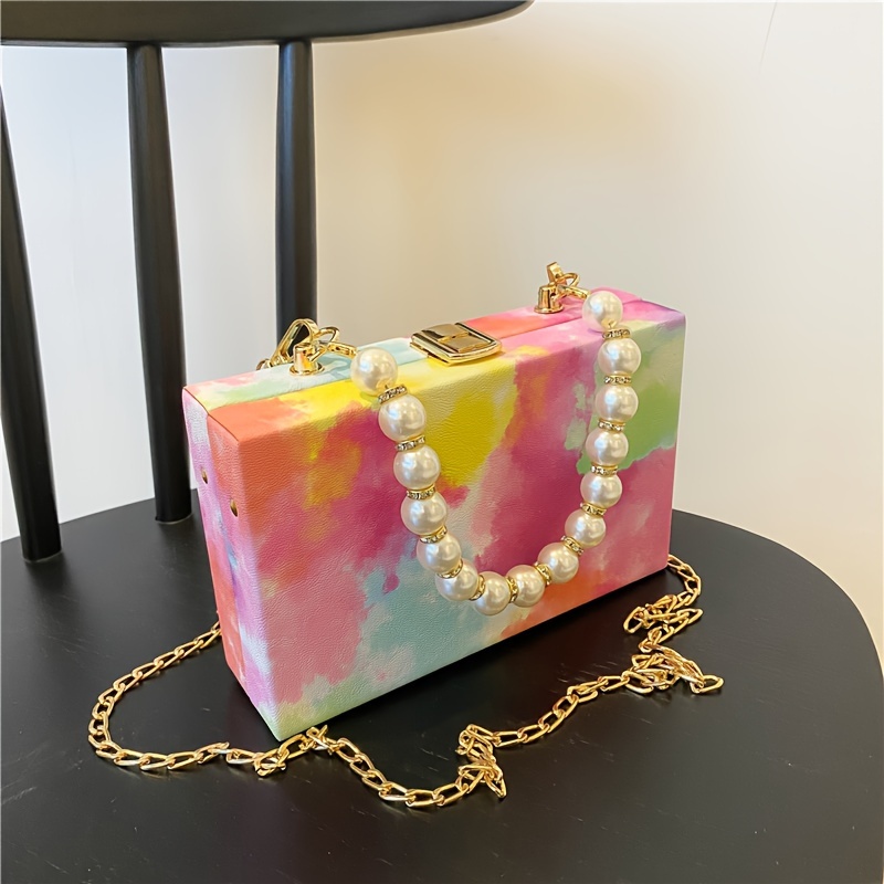 Mini Trendy Printed Box Bag, Faux Pearls Chain Square Handle Bag, Perfect Chain  Crossbody Bag For Daily Use - Temu Philippines