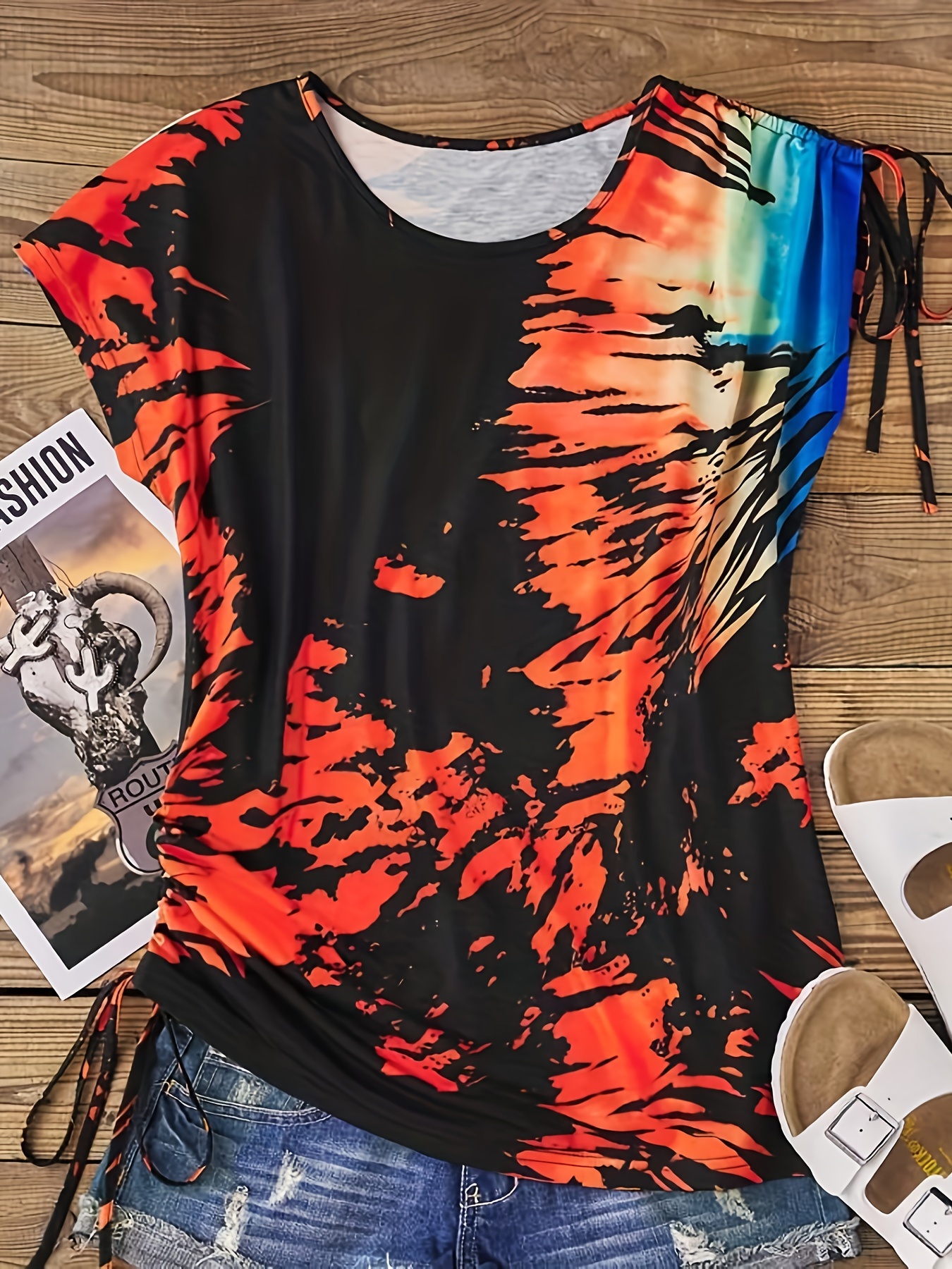 tie dye crew neck t shirt casual short sleeve top for spring summer womens clothing