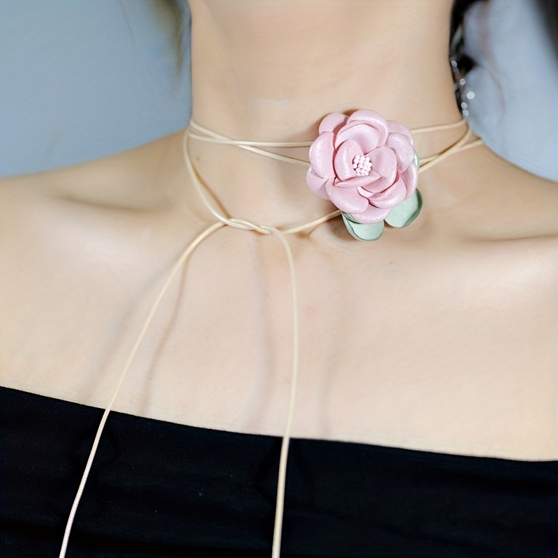 Rose Flower Choker Necklace For Women Long Flannelette Rope - Temu